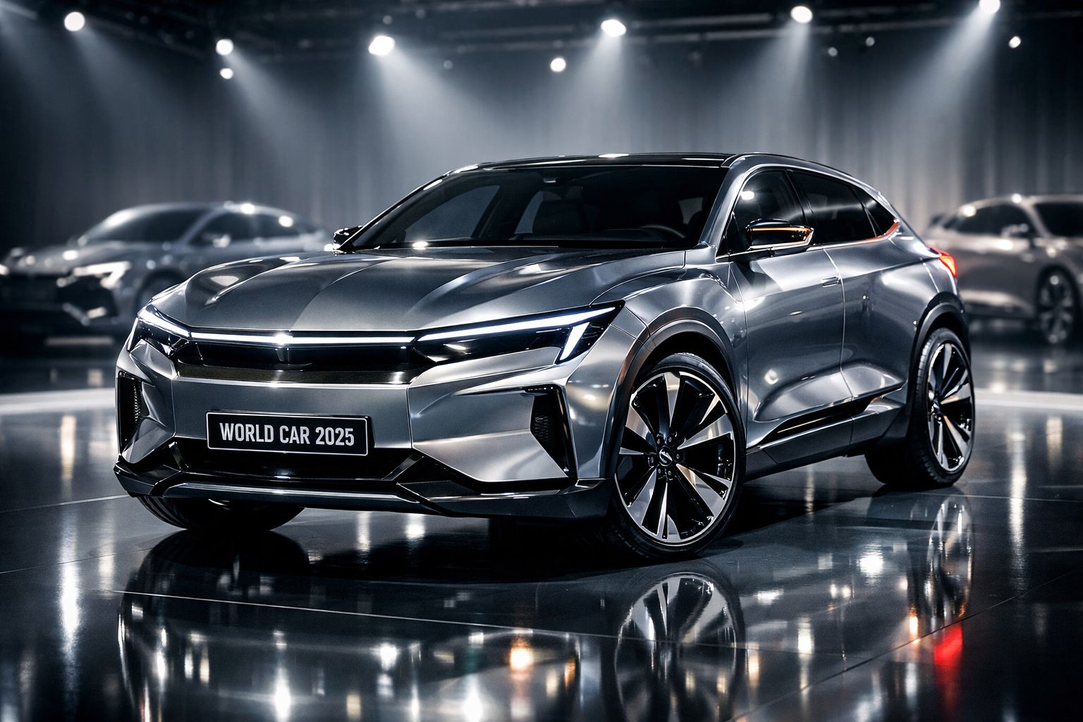 Carro elétrico moderno prata com design futurista em exposição, placa "World Car 2025".
