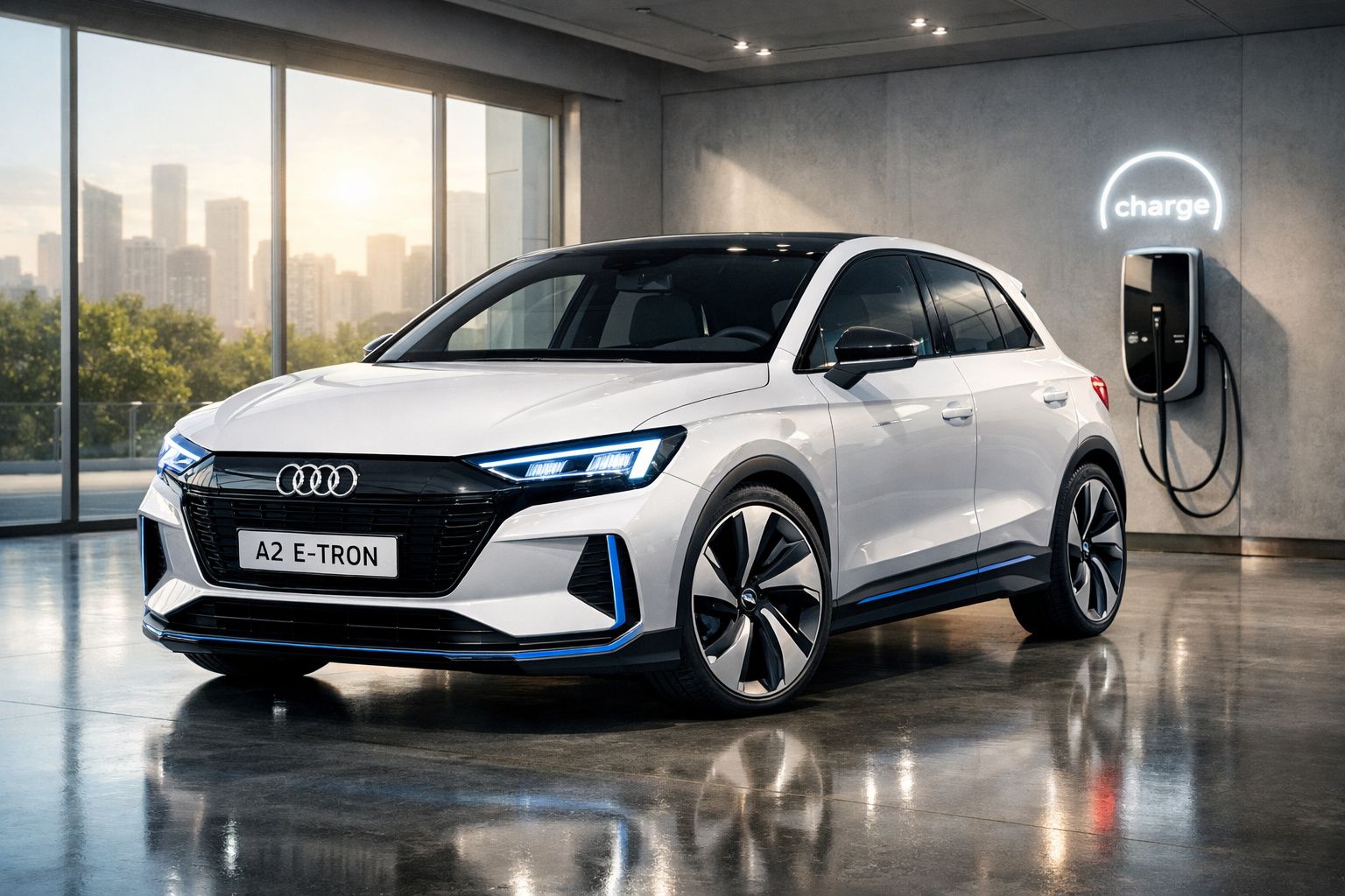 Carro elétrico Audi A2 E-Tron branco estacionado e a carregar numa estação de carregamento interior.