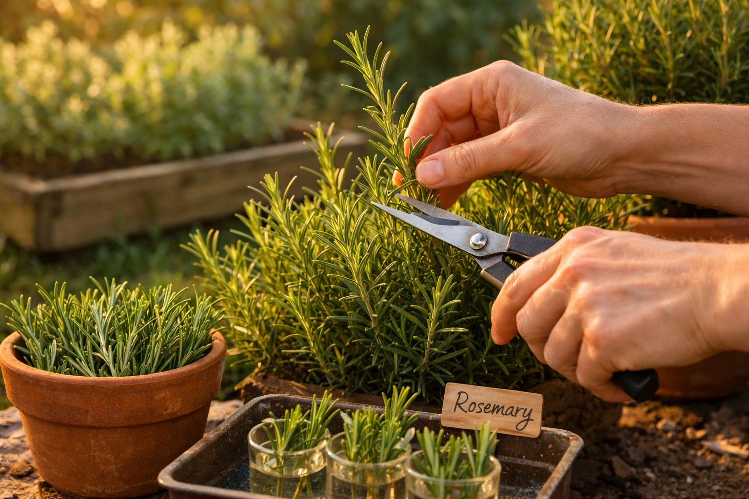 Mãos a cortar raminhos de alecrim fresco com tesoura num jardim ensolarado.