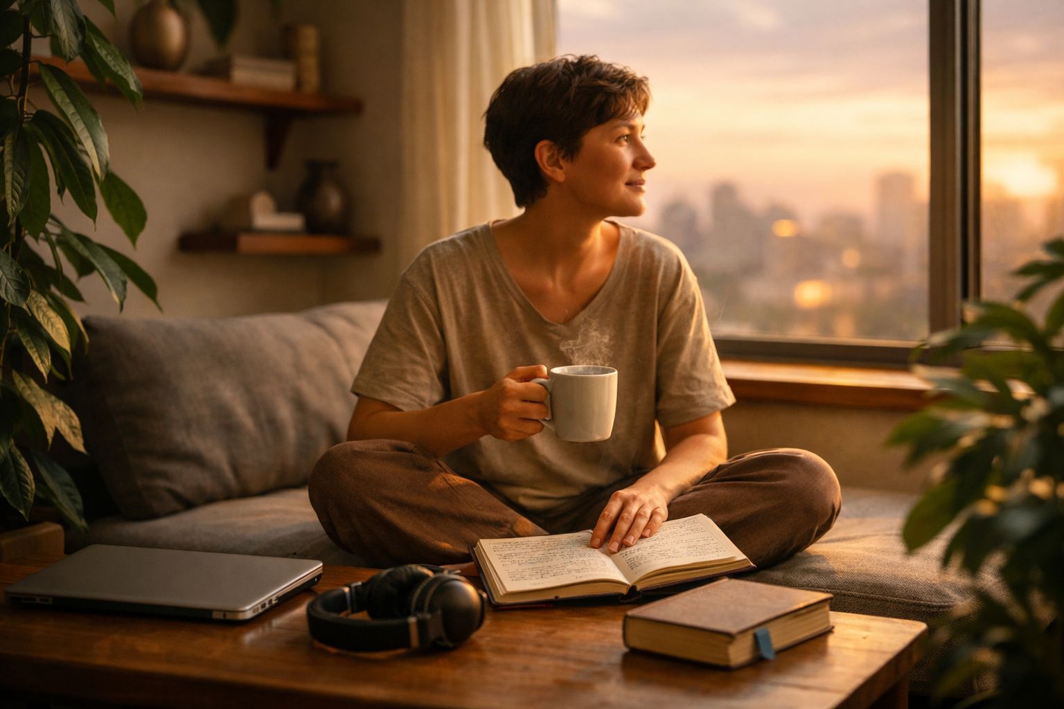 Pessoa sentada de pernas cruzadas na janela, segurando chá quente e olhando para o pôr do sol.