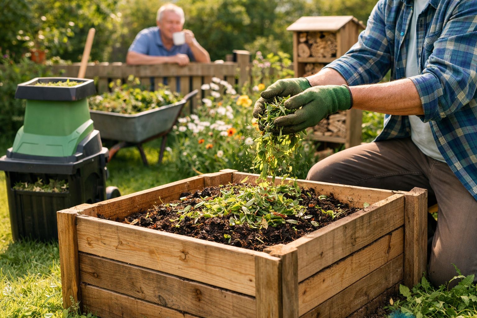 Pessoa a usar luvas a colocar restos de plantas numa compostagem em jardim ensolarado.