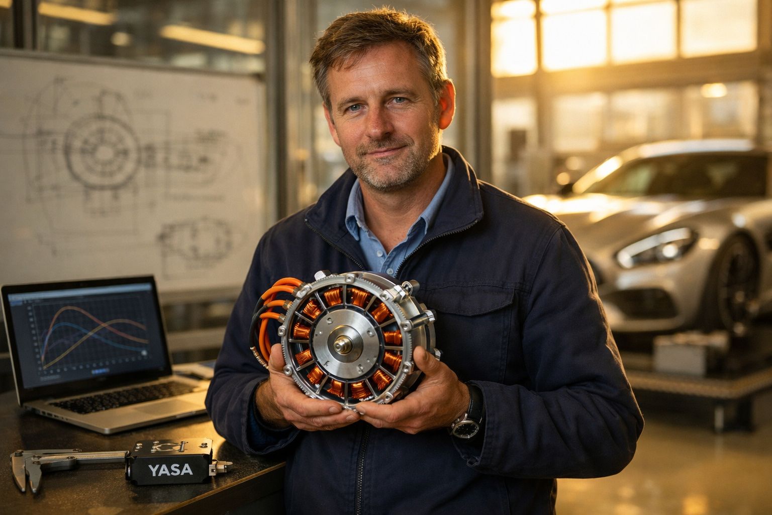 Homem seguro segura motor elétrico com carro desportivo e computador ao fundo numa oficina.