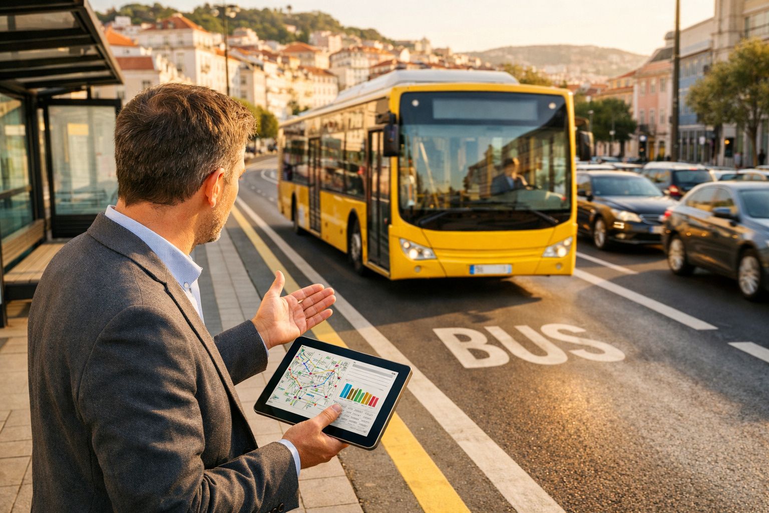 Homem com tablet na paragem a acenar para um autocarro amarelo que se aproxima na cidade.