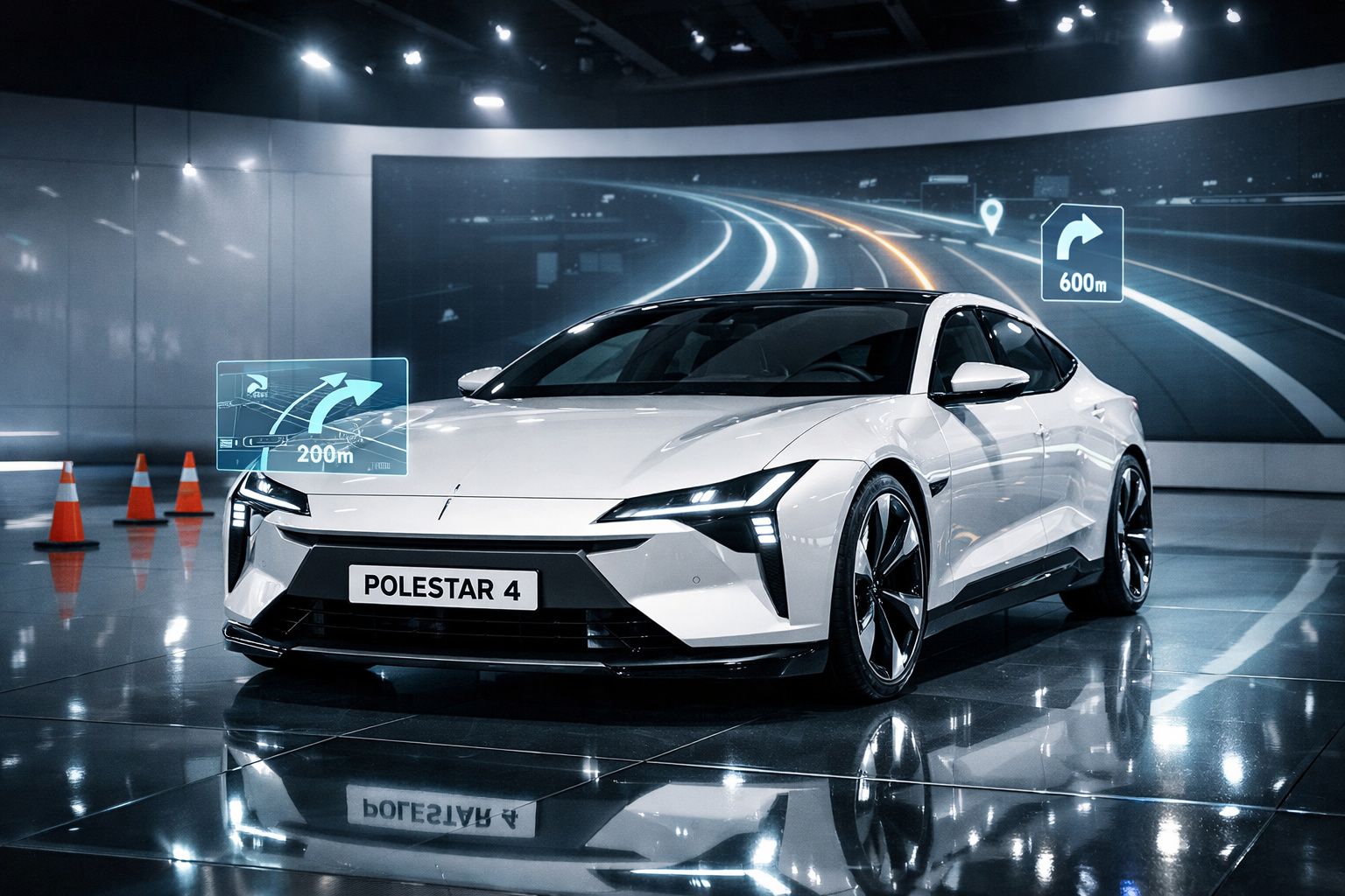 Carro elétrico branco Polestar 4 num interior moderno com projeções de navegação digital no ecrã.