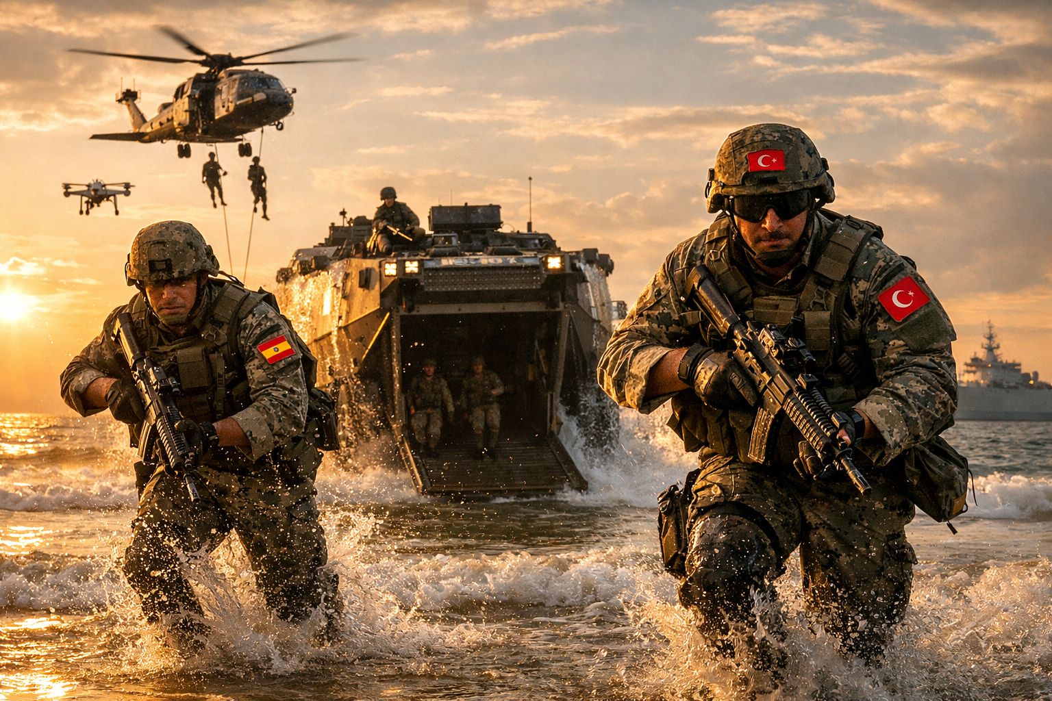 Soldados turcos e espanhóis em treino militar desembarcando da água com veículos e helicópteros ao pôr do sol.