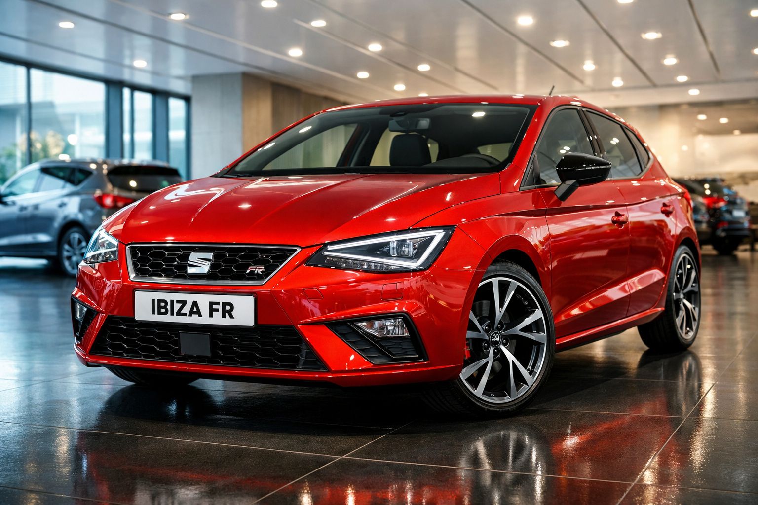 Carro vermelho Seat Ibiza FR estacionado num showroom moderno e iluminado.