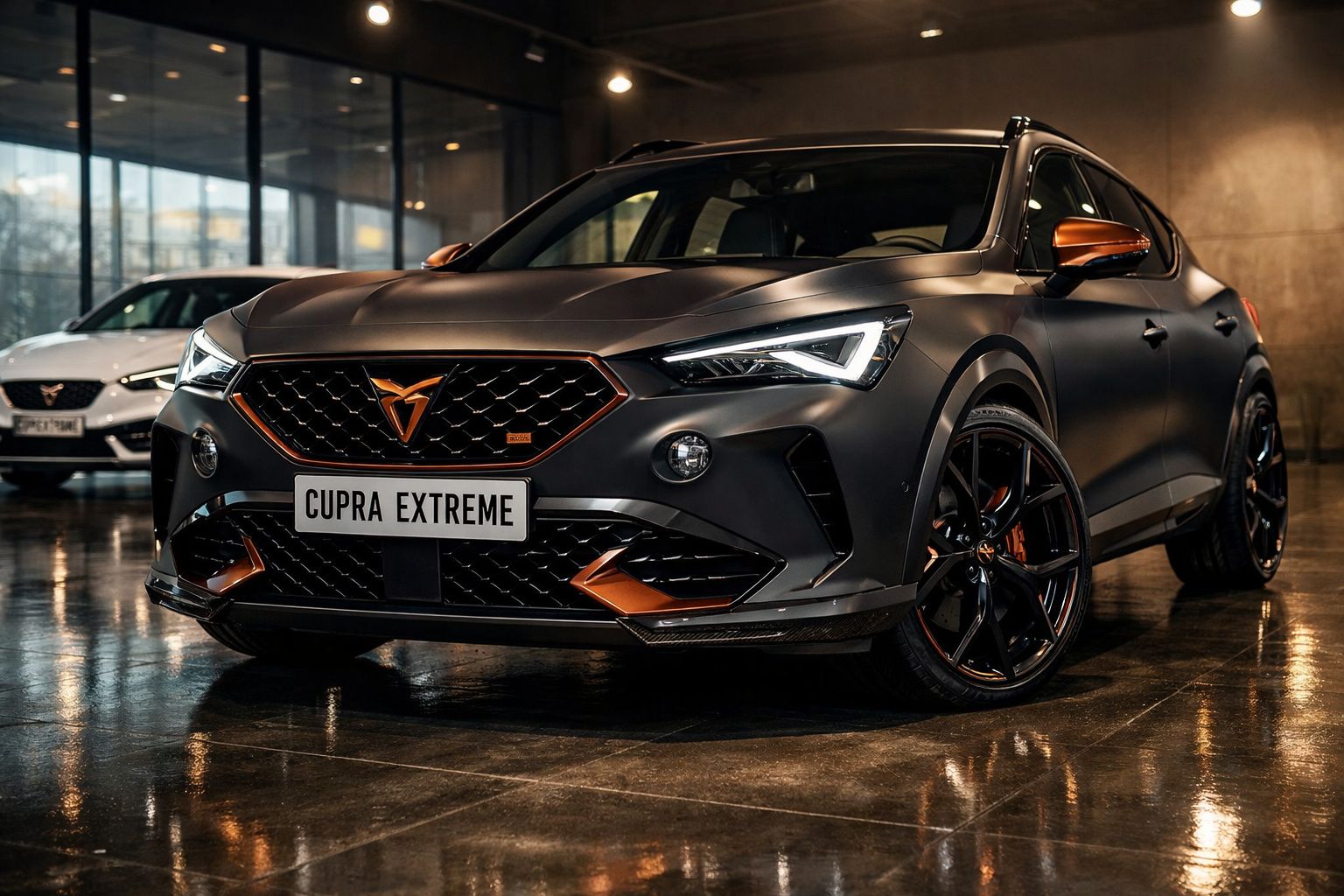Carro CUPRA Extreme cinza escuro com detalhes em laranja numa garagem moderna com chão reflexivo.