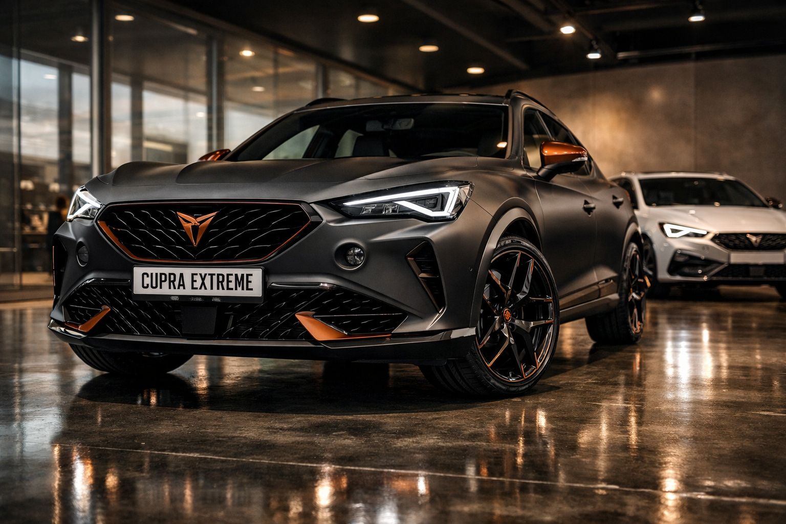 Carro Cupra Extreme preto com detalhes laranja estacionado em interior moderno com piso reflectivo.