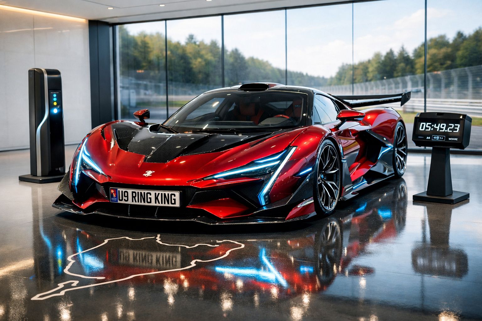 Carro desportivo vermelho elétrico estacionado em espaço moderno com cronómetro a marcar 05:49.23.
