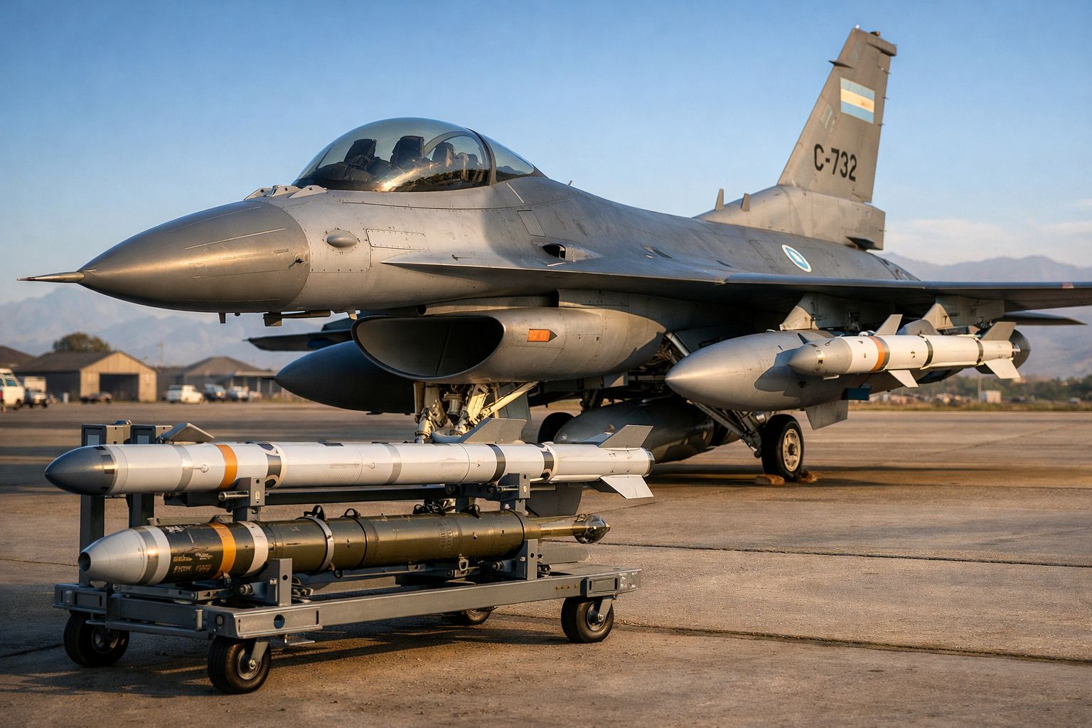 Caça F-16 da força aérea argentina no solo com artilharia e mísseis em primeiro plano.