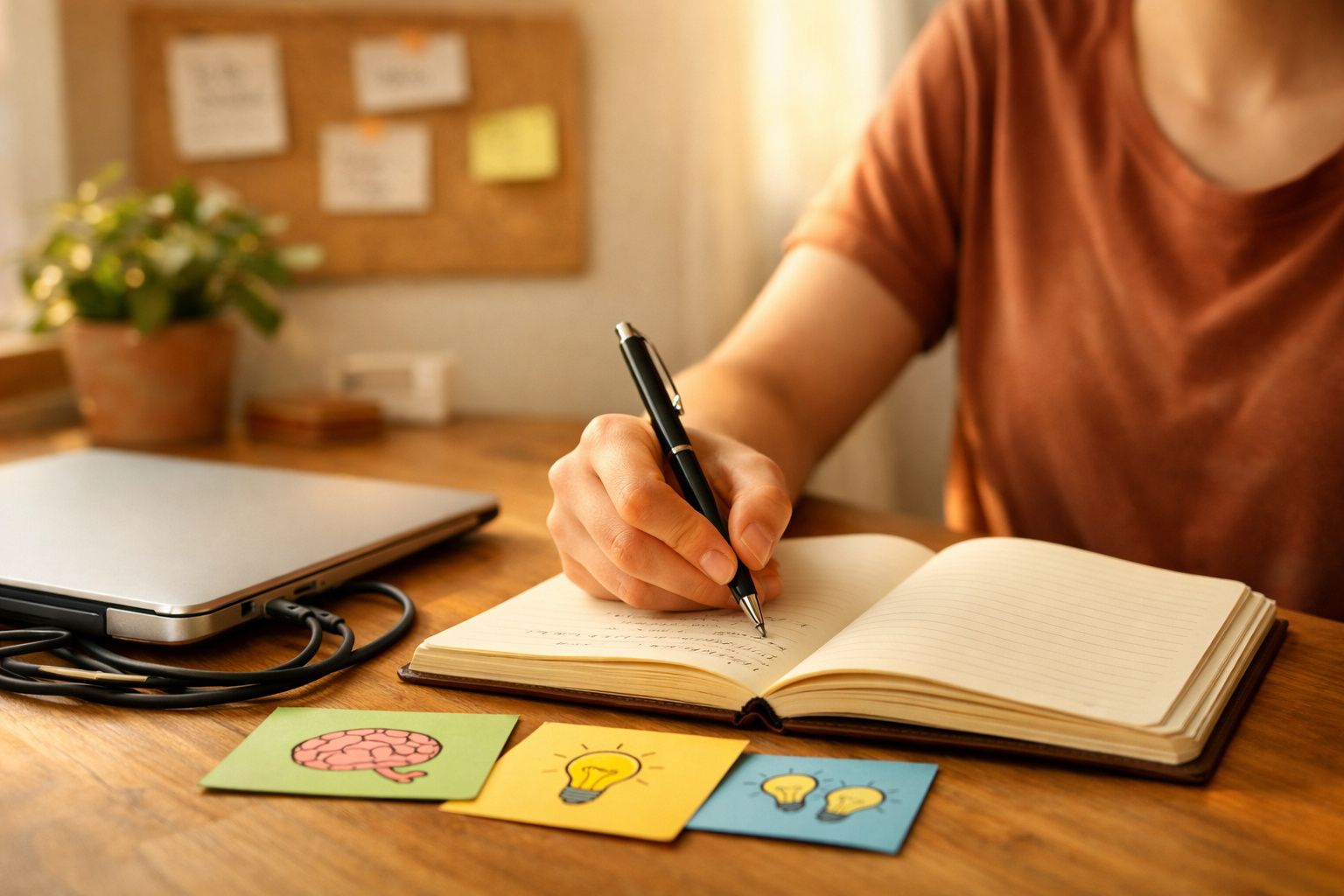 Pessoa a escrever num caderno aberto numa mesa com computador portátil e notas coloridas com desenhos de ideias.