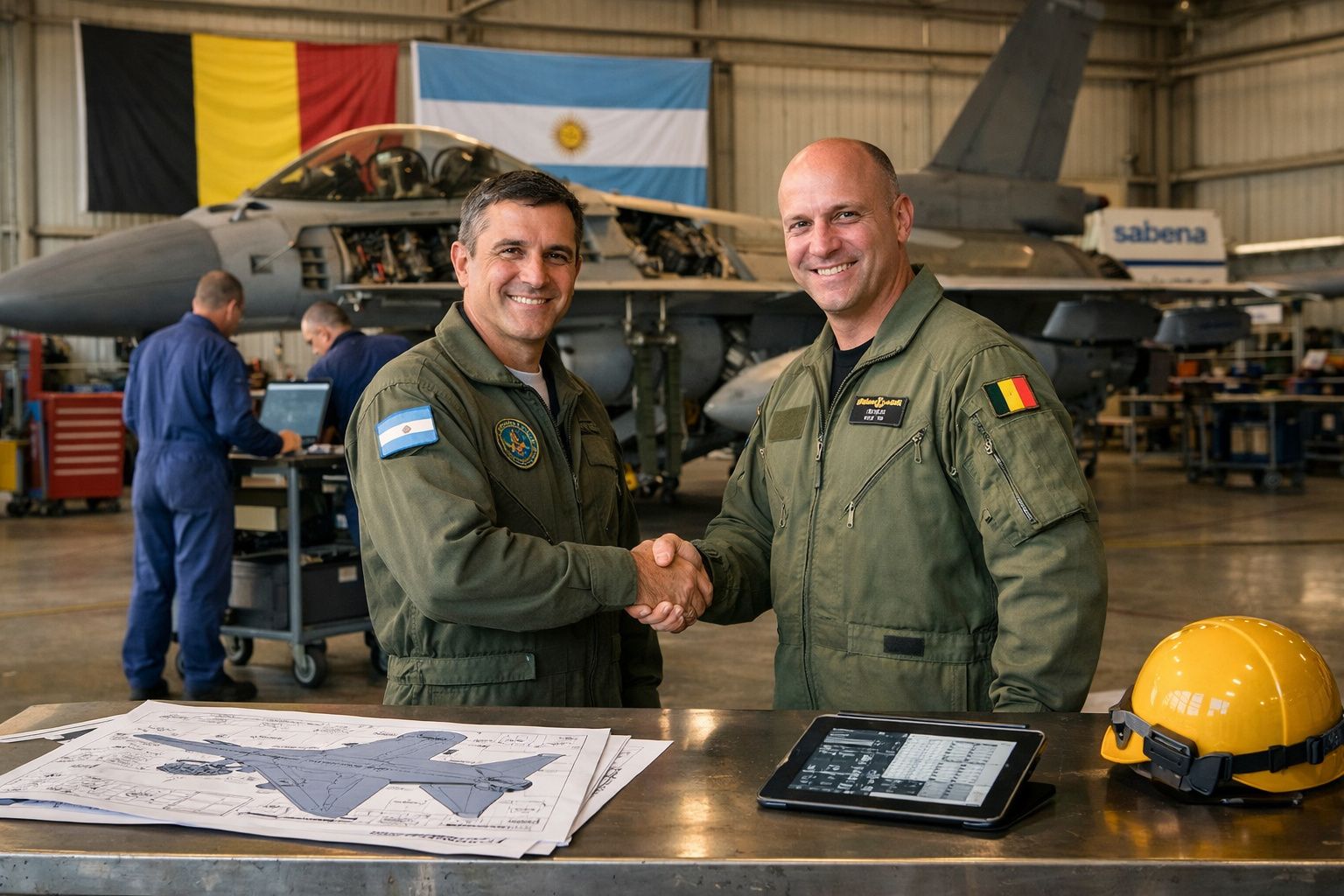 Dois pilotos militares, um argentino e um belga, apertam as mãos numa oficina com avião e capacete amarelo à frente.