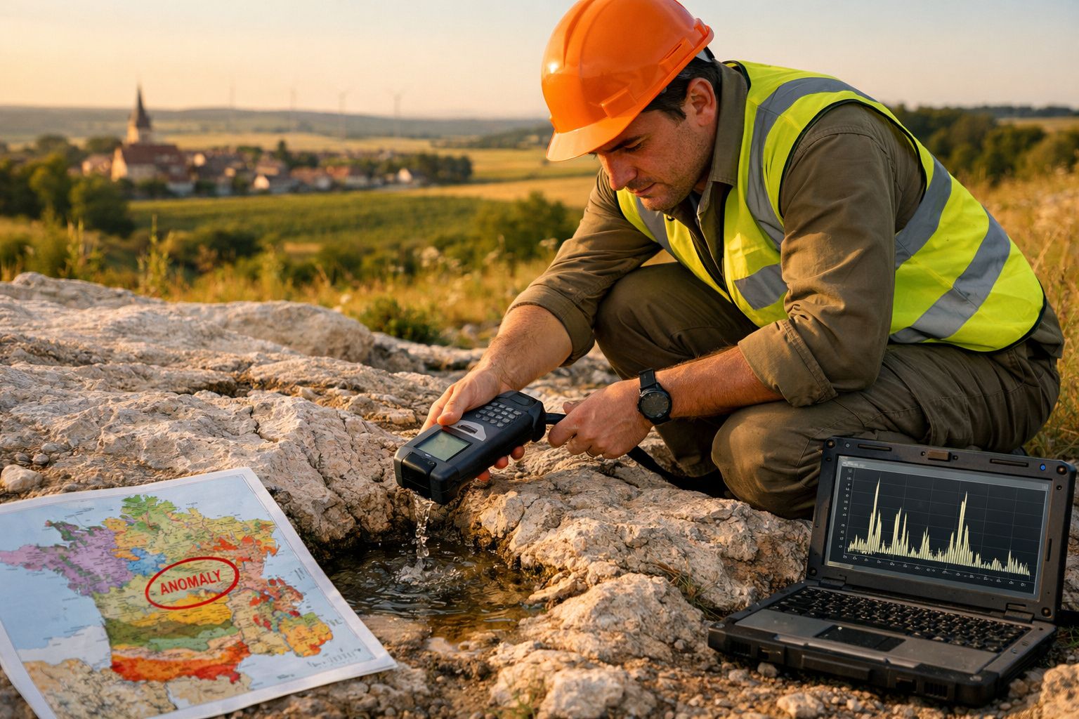 Homem com capacete e colete de segurança mede água numa nascente com mapa e portátil ao lado, ao ar livre.