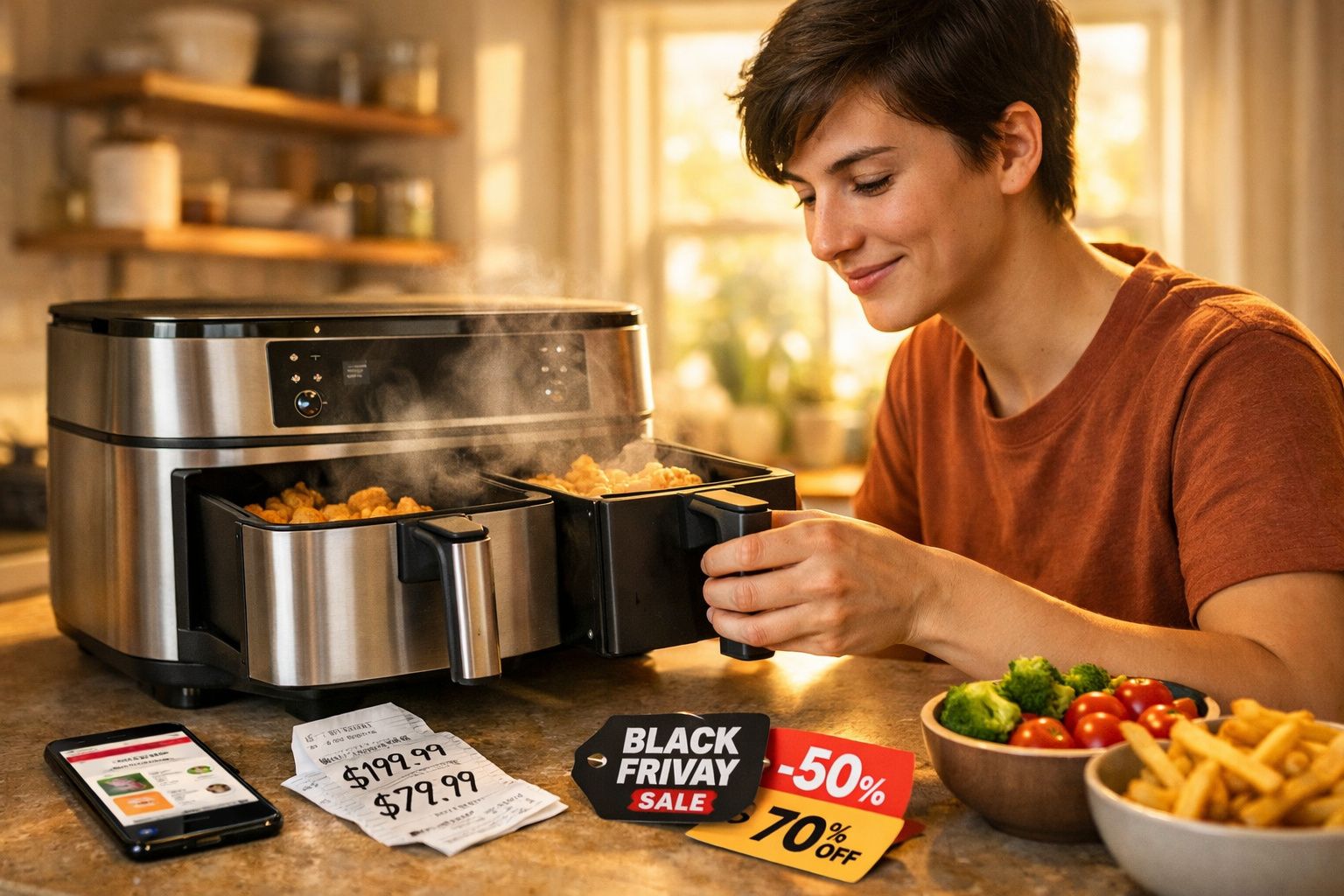 Pessoa a retirar batatas fritas quentes de uma fritadeira elétrica dupla, com etiquetas de desconto e legumes na mesa.