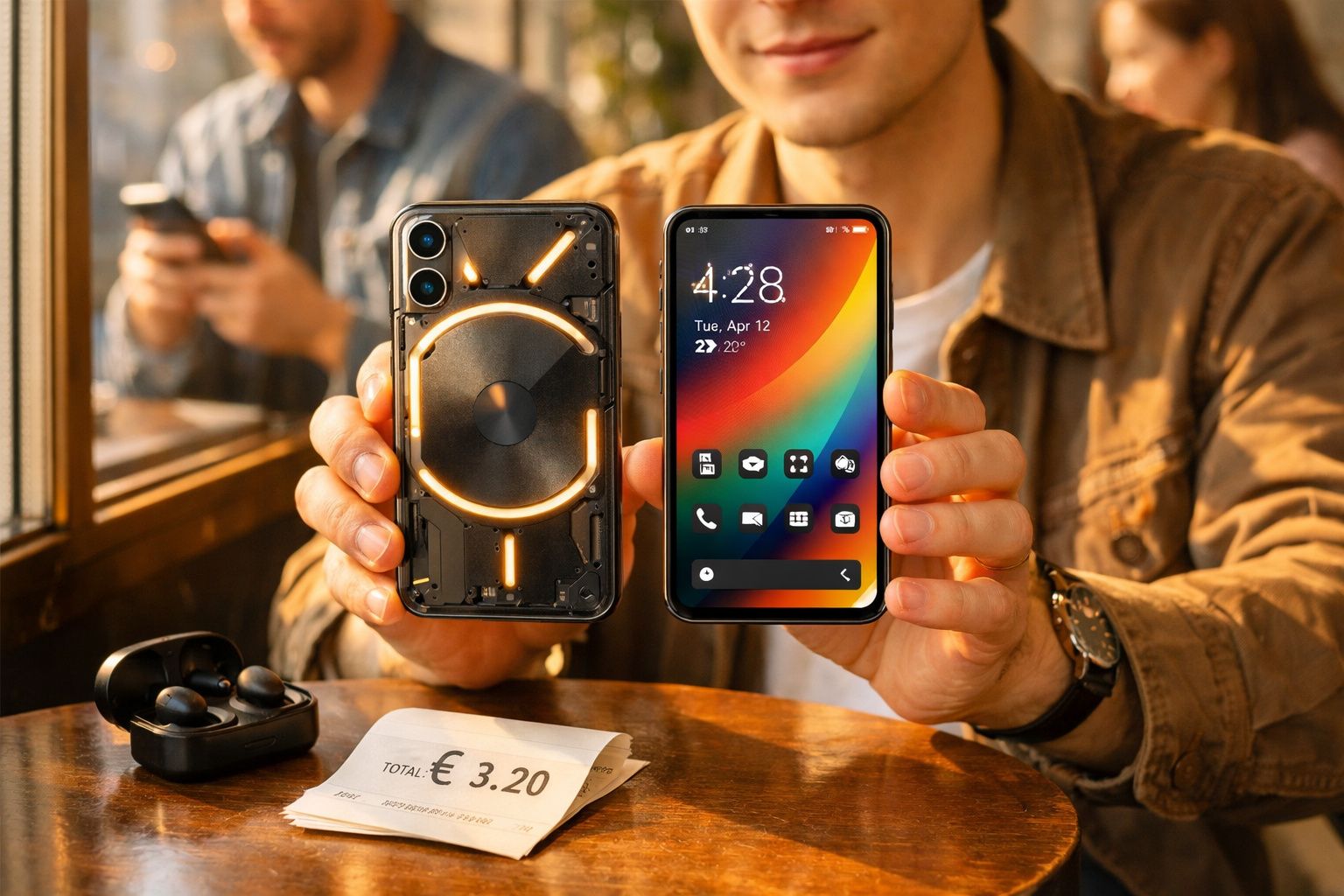 Pessoa mostra dois telemóveis modernos com design transparente e ecrã colorido numa mesa com auriculares e talão de compra.