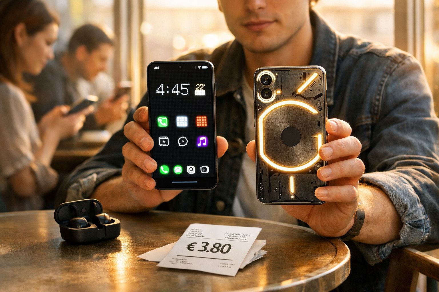 Pessoa segura dois telemóveis, um com ecrã ligado e outro com capa transparente iluminada, sobre mesa com auriculares e recib