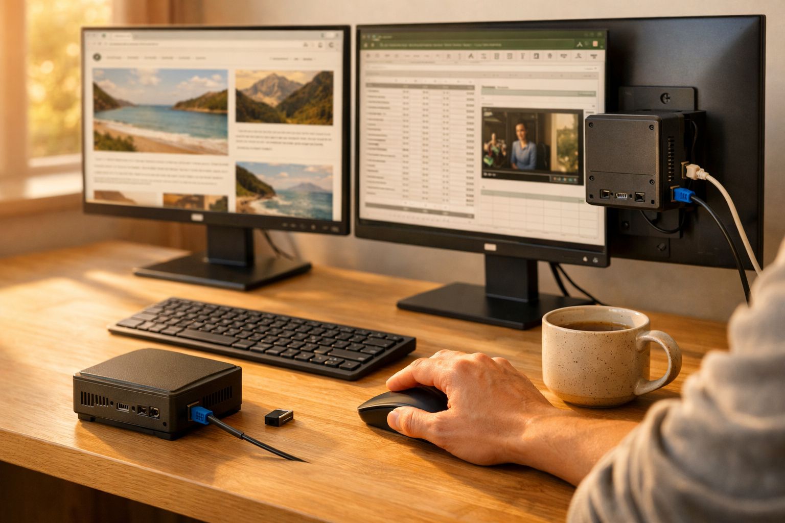 Mesa de trabalho com computador, dois ecrãs, teclado, rato, mini PC e uma chávena de café.
