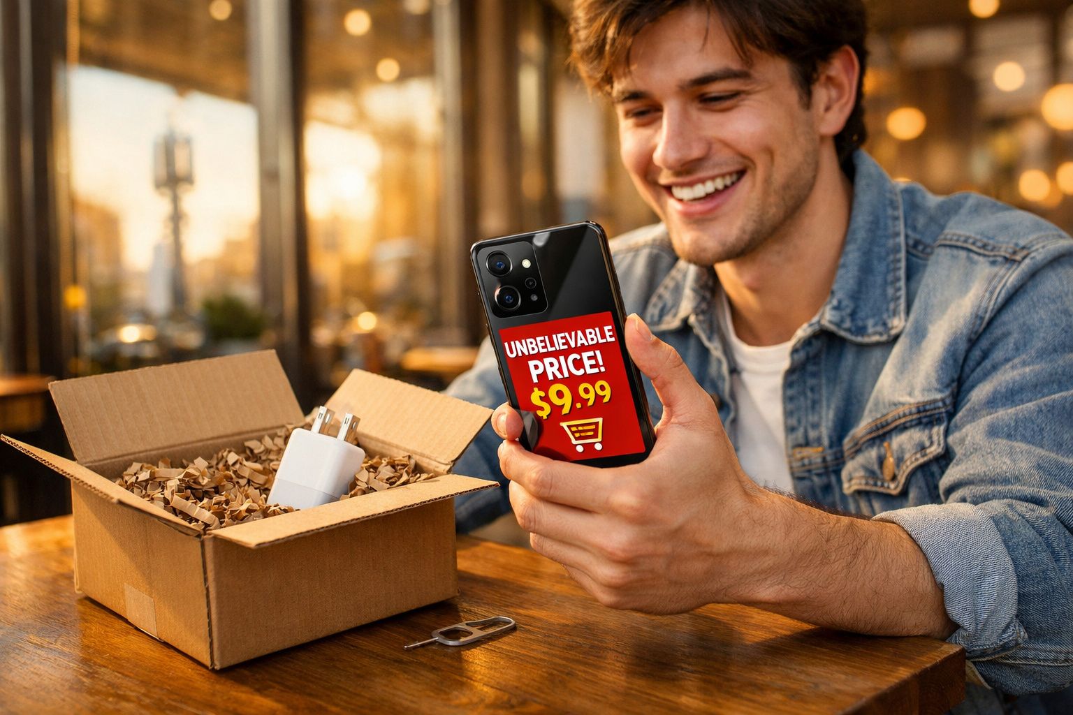 Homem sorridente mostra telemóvel com preço especial enquanto recebe carregador numa caixa aberta.