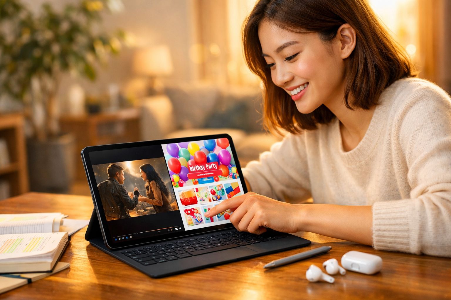 Mulher sorridente usa tablet com ecrã dividido entre filme e festa de aniversário, sentada à mesa com livros e auriculares.