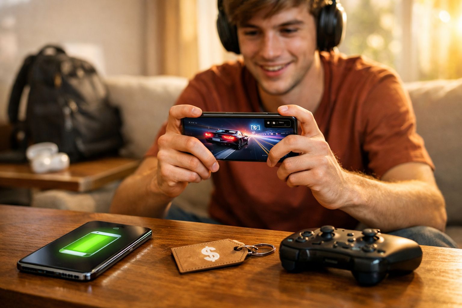 Jovem a jogar videojogos num smartphone com auscultadores, comando de consola e smartphone a carregar numa mesa.