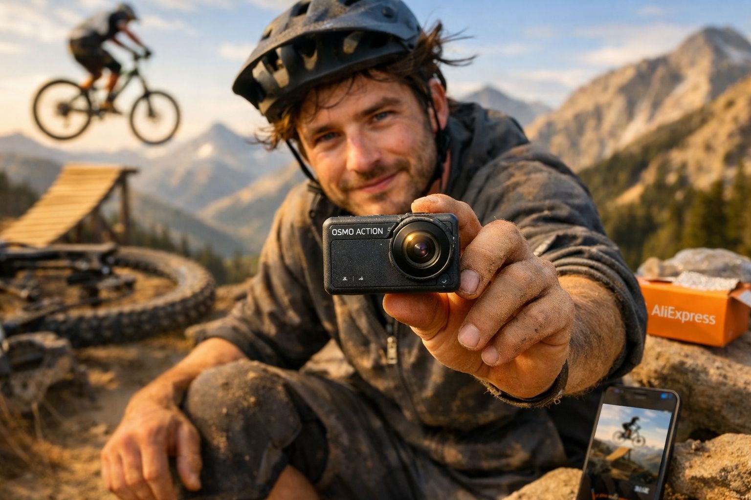 Homem com capacete mostra câmara de ação DJI Osmo em ambiente montanhoso durante prática de bicicleta.