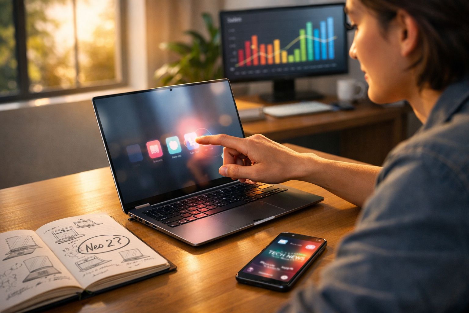 Pessoa a interagir com aplicações num portátil, com smartphone e caderno aberto numa secretária iluminada pelo sol.