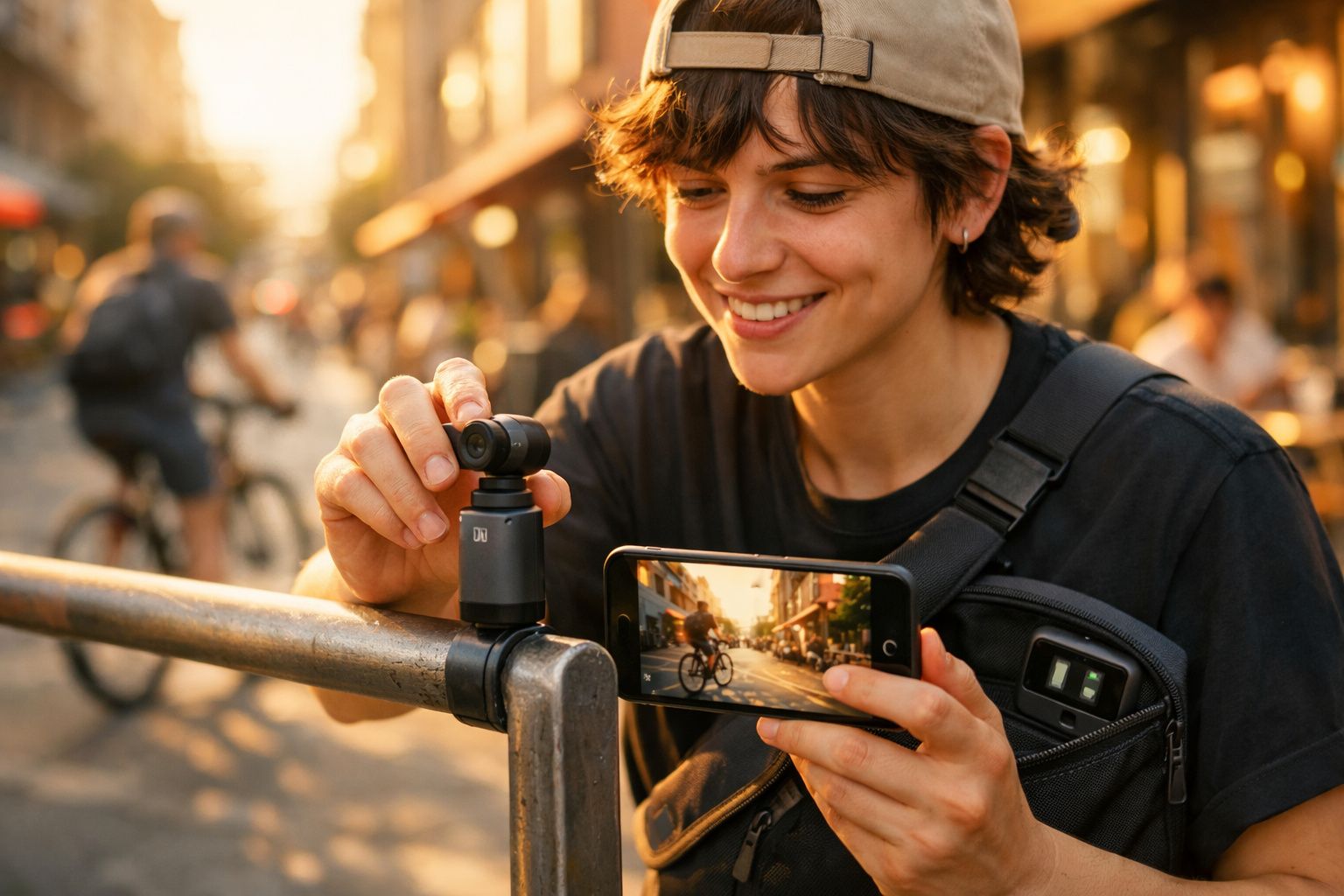 Jovem a sorrir enquanto fixa uma câmara de ação numa vedação, segurando um smartphone com imagem de ciclista.