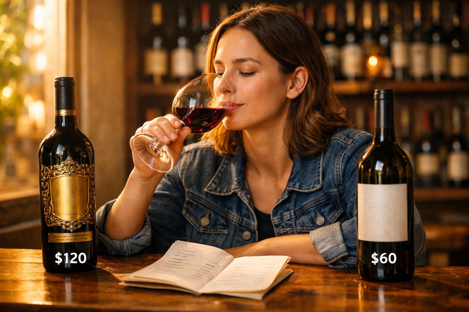 Mulher a provar vinho tinto numa adega, entre duas garrafas com preços visíveis na mesa.