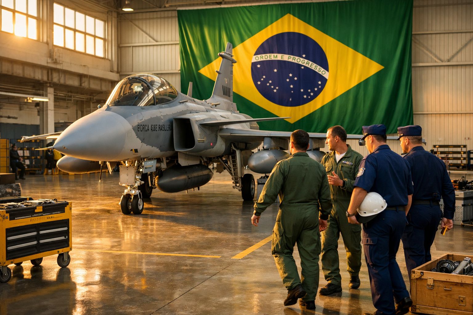Caça militar brasileiro em hangar com quatro técnicos militares em frente à bandeira do Brasil.