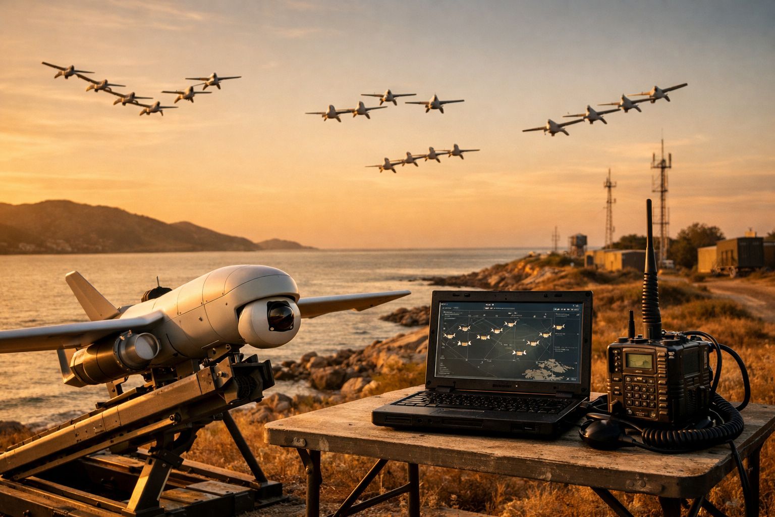 Drone militar num tripé ao lado de portátil e rádio, com formação de aviões a sobrevoar o mar ao pôr do sol.