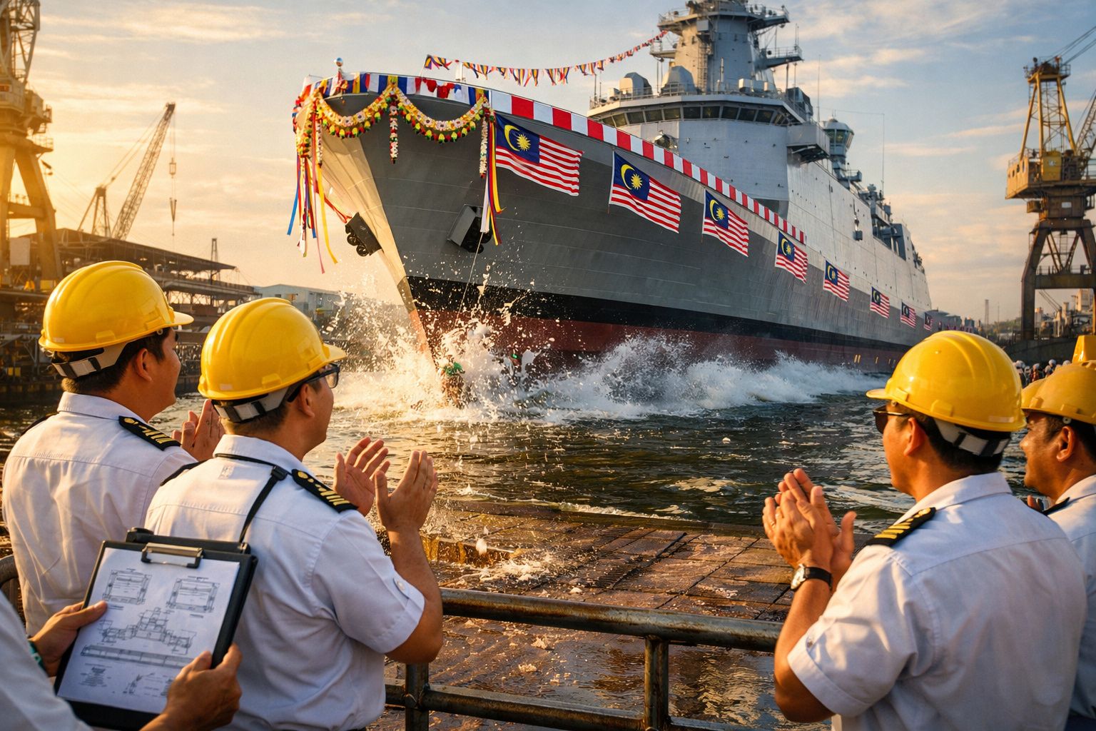 Marinheiros com capacetes amarelos aplaudem o lançamento de um navio militar decorado com bandeiras da Malásia.
