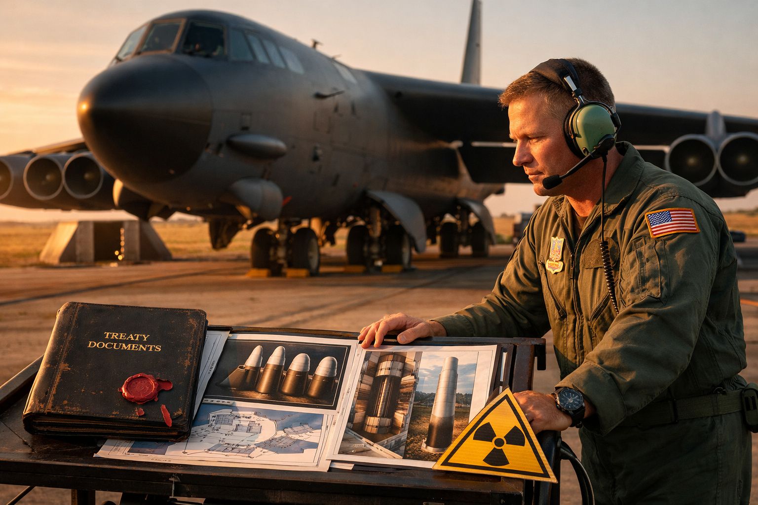 Militar com uniforme e auscultadores analisa documentos e imagens de armamento nuclear junto a um bombardeiro militar.