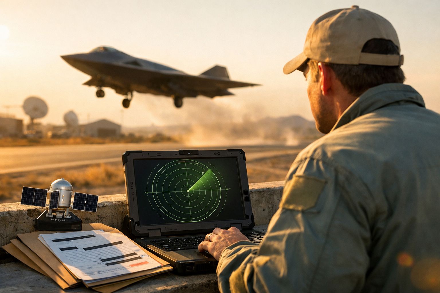 Militar a monitorizar radar num portátil enquanto jacto descola em pista ao entardecer.