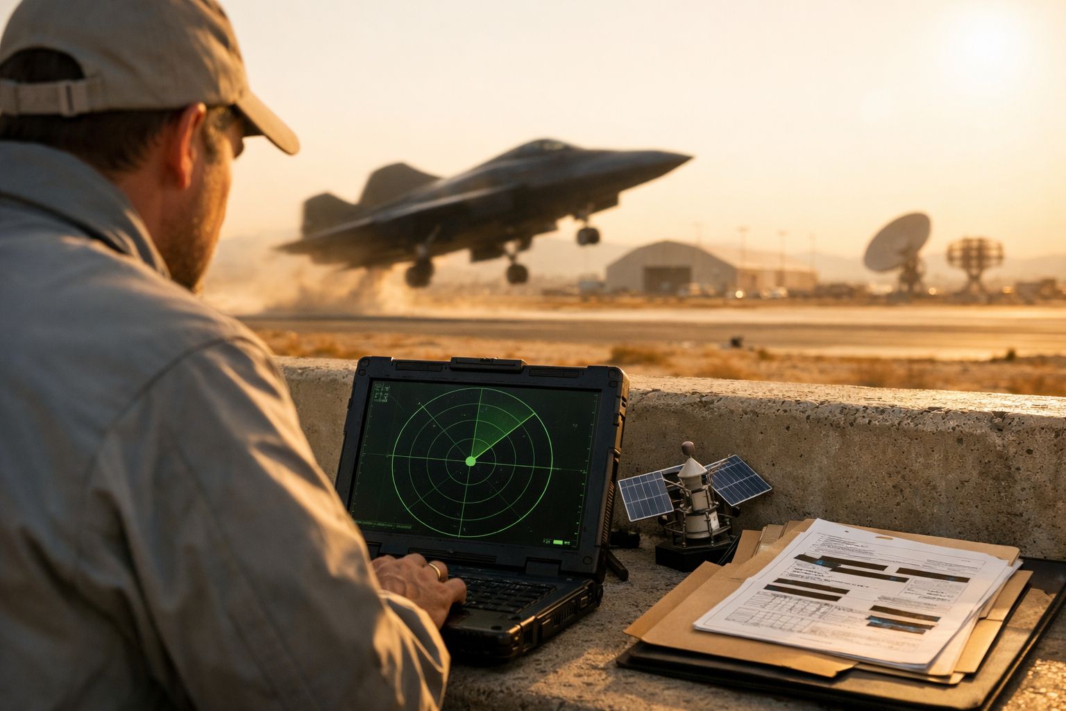 Homem a monitorizar radar num portátil enquanto um avião militar descola numa base aérea ao pôr do sol.