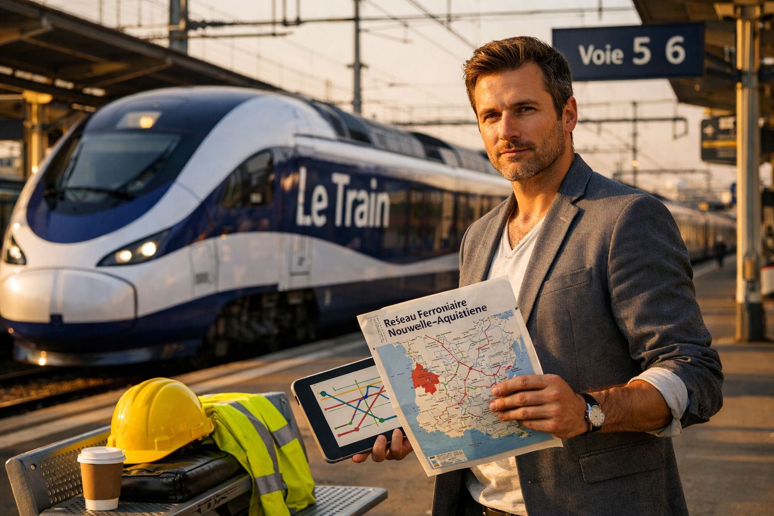 Homem com mapa do sistema ferroviário e tablet numa estação, comboio moderno azul ao fundo.