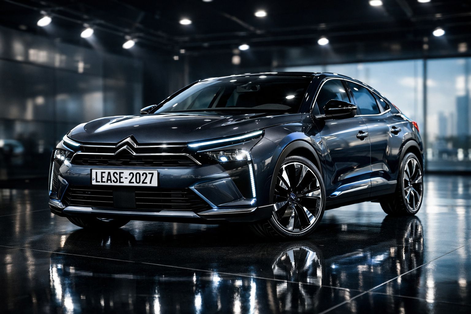 Carro Citroën moderno preto brilhante estacionado em piso reflector num ambiente urbano interior.