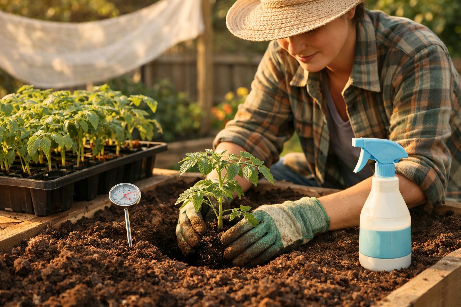 Pessoa a transplantar muda de tomateiras num jardim com luvas e chapéu, ao lado de pulverizador e termómetro de solo.