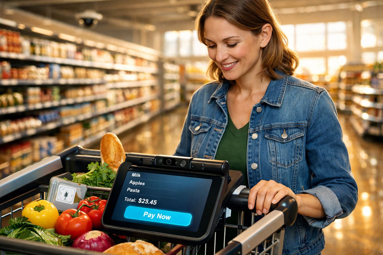 Mulher a pagar compras com legumes e pão numa grelha de caixa automática num supermercado.