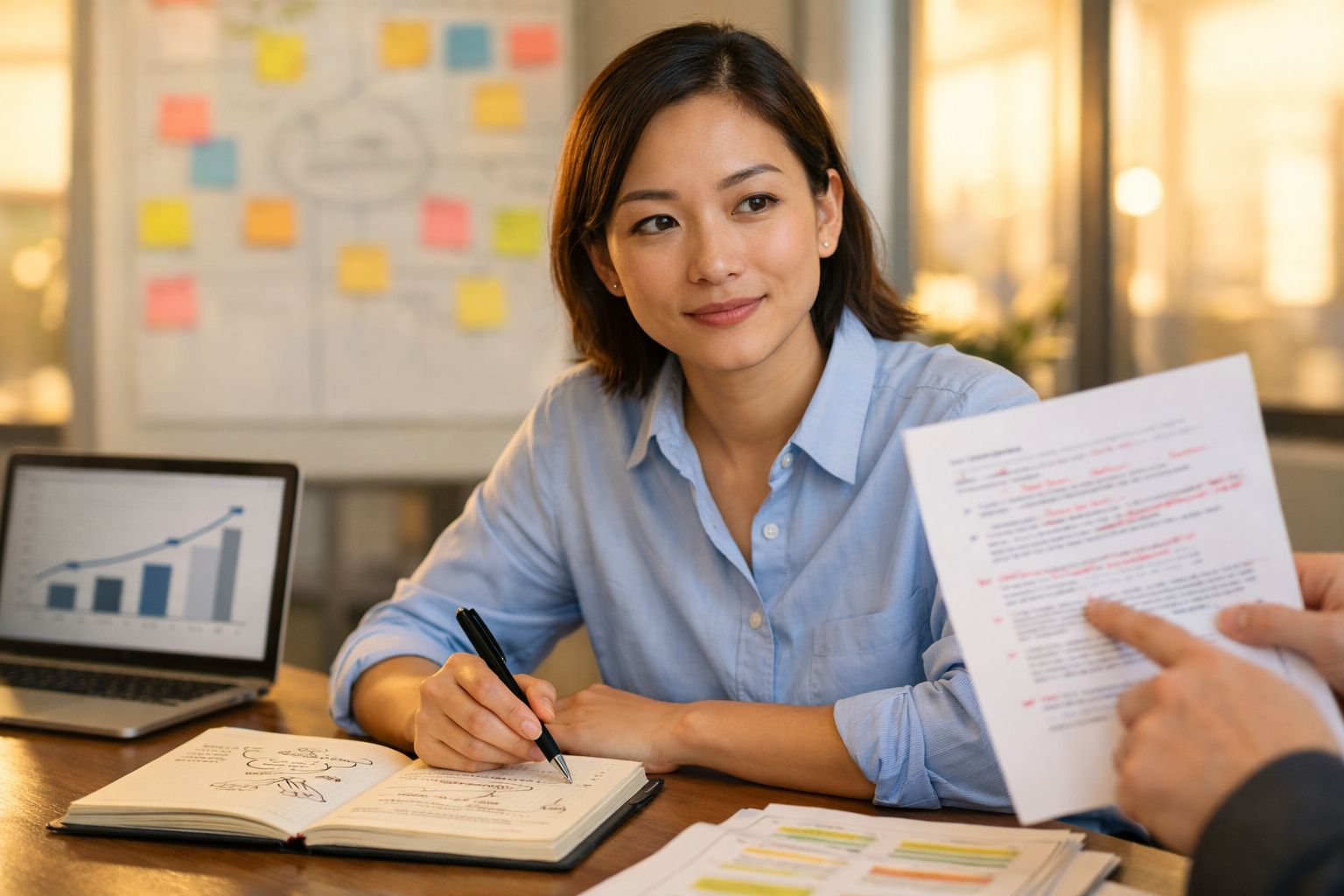 Mulher sentada a fazer anotação enquanto ouve colega discutir documento num ambiente de escritório.