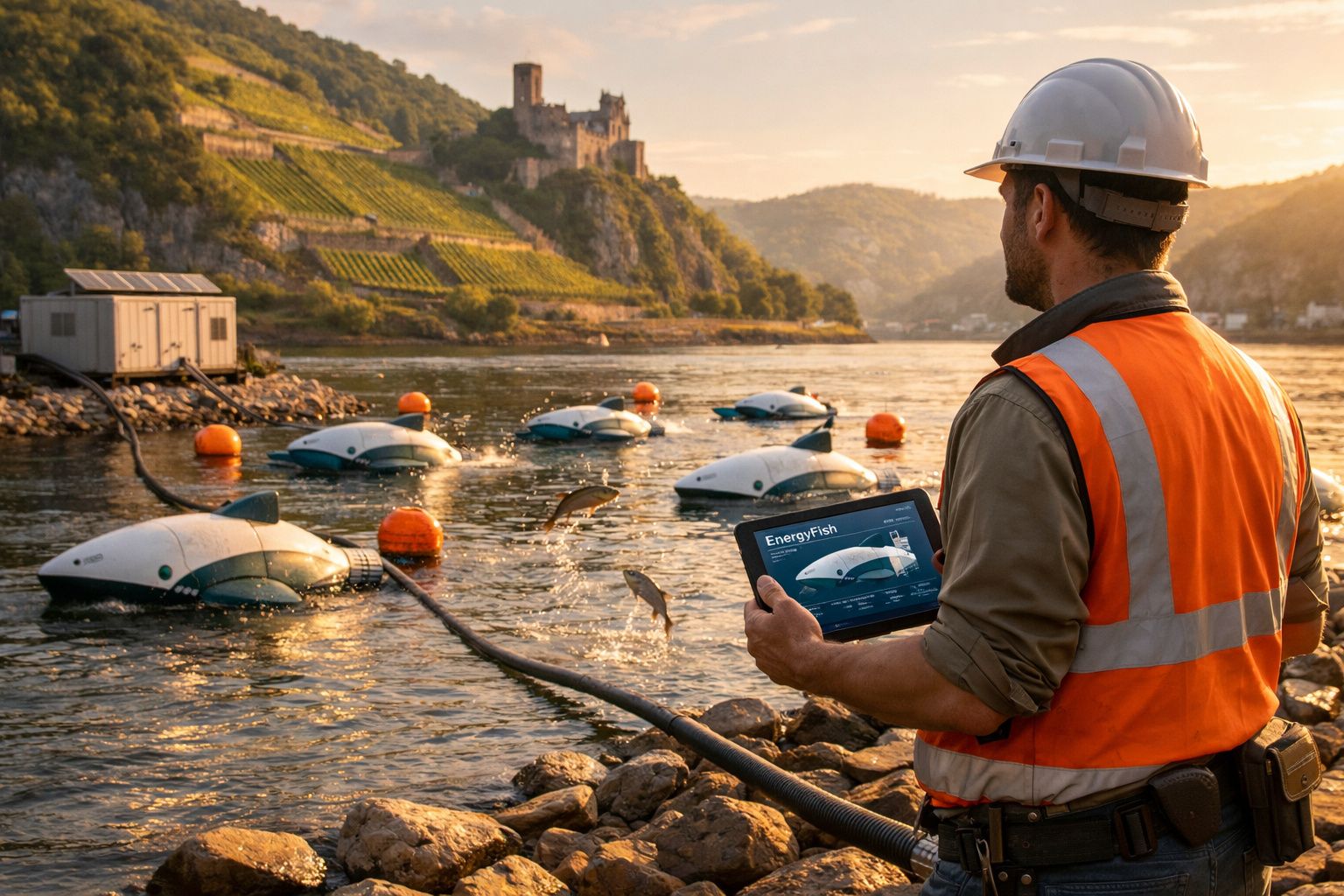 Homem de capacete e colete laranja controla robôs peixe na água de rio junto a castelo e colinas verdes.