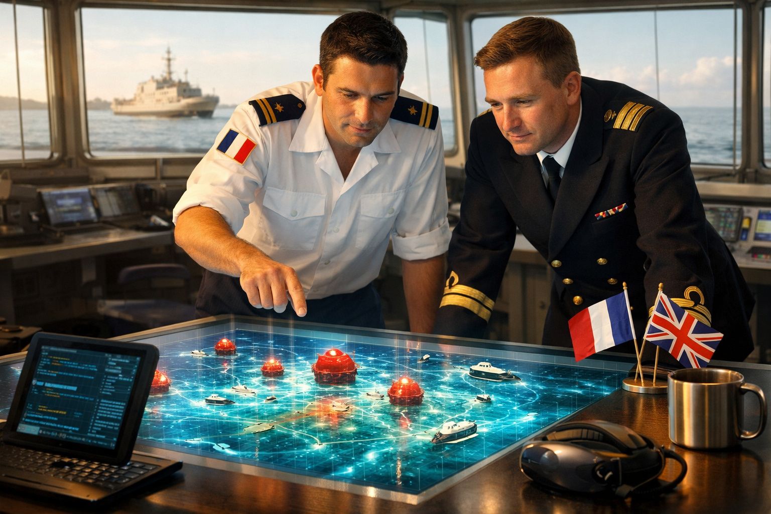 Dois oficiais navais a analisar um mapa digital interativo com navios, bandeiras francesa e britânica na mesa.