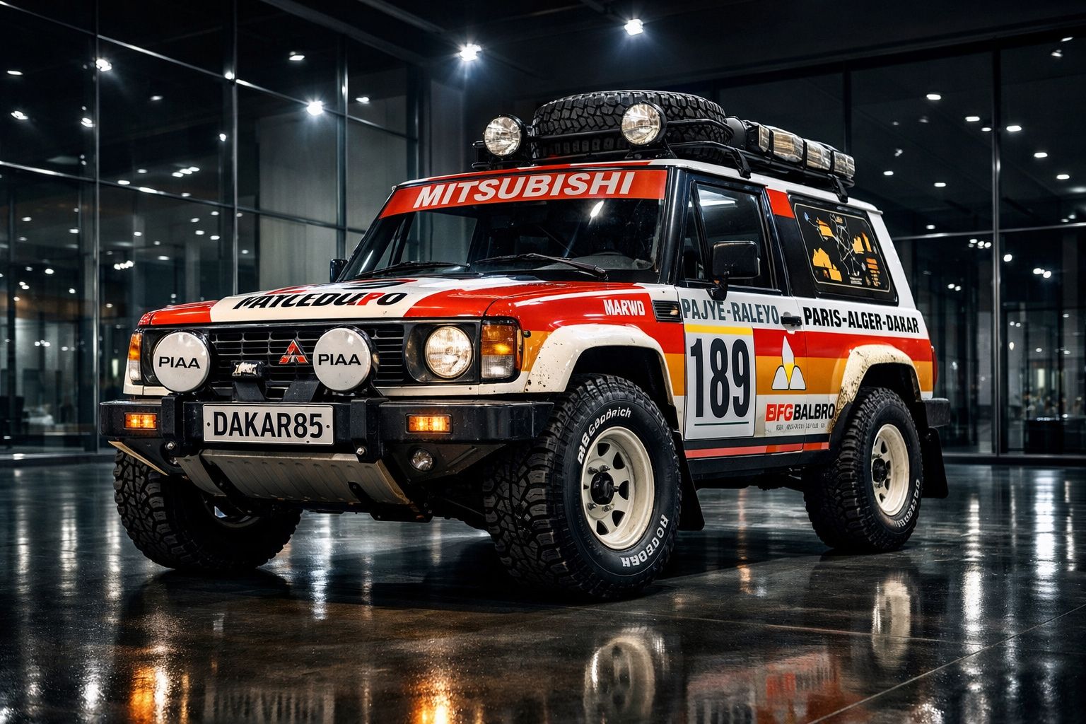 Carro Mitsubishi 4x4 decorado para o rali Dakar 1985 com pára-lamas largos e pneus todo-o-terreno.