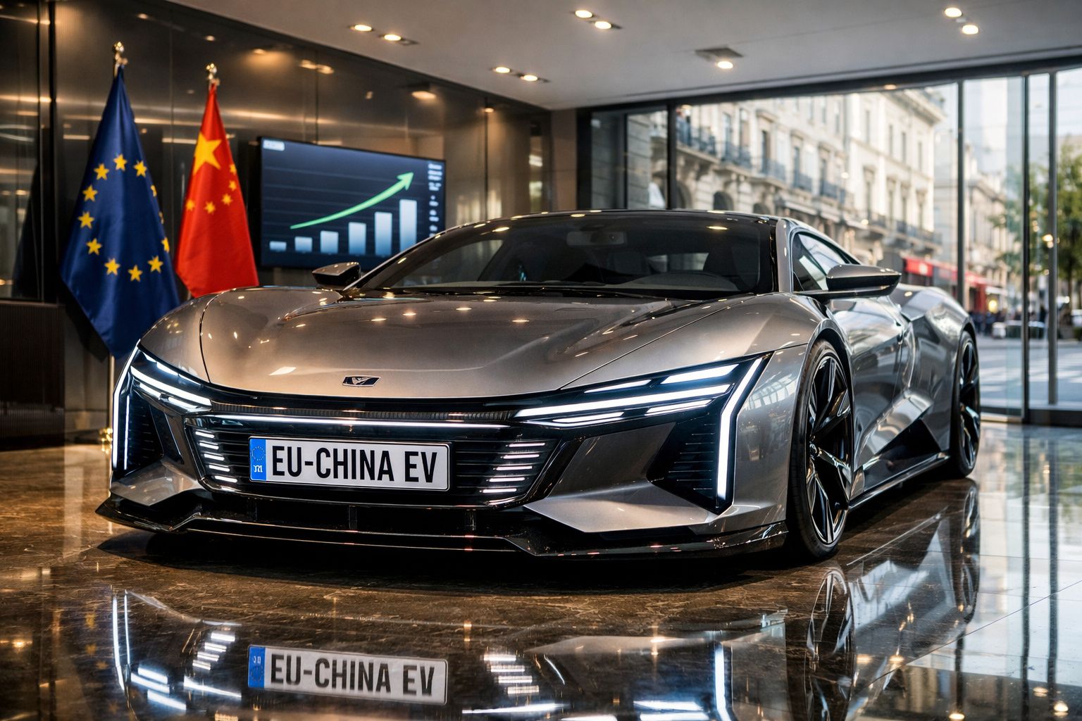 Carro elétrico desportivo cinza num salão com bandeiras da União Europeia e China ao fundo.
