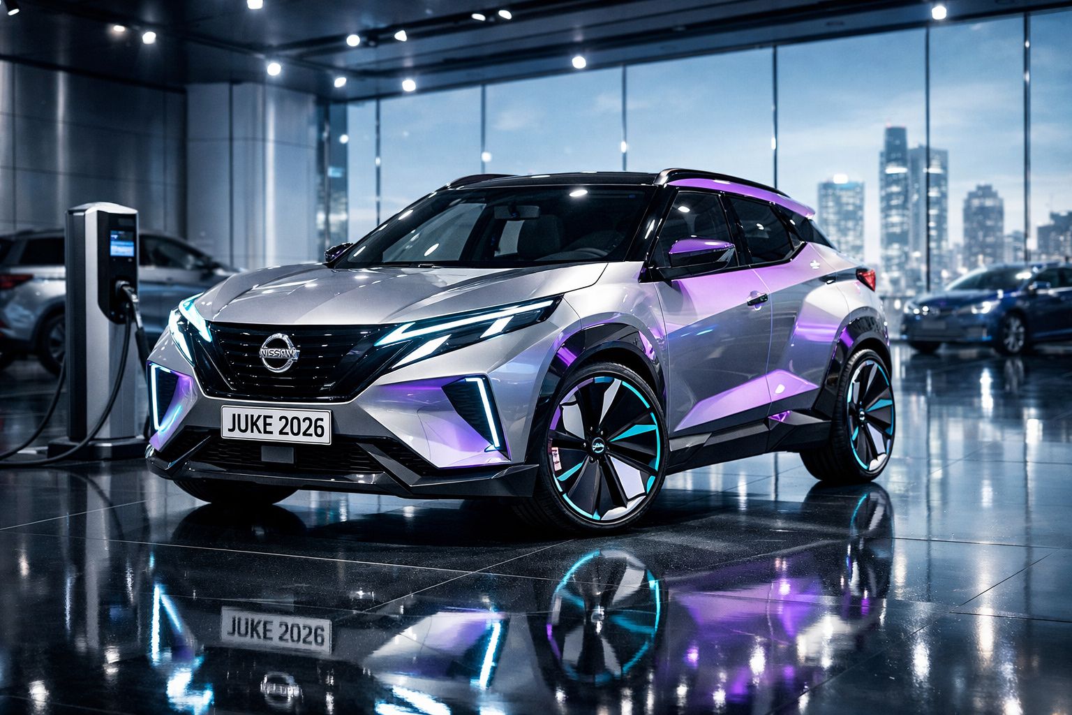 Carro elétrico Nissan Juke 2026 prateado em carregador num showroom moderno à noite.