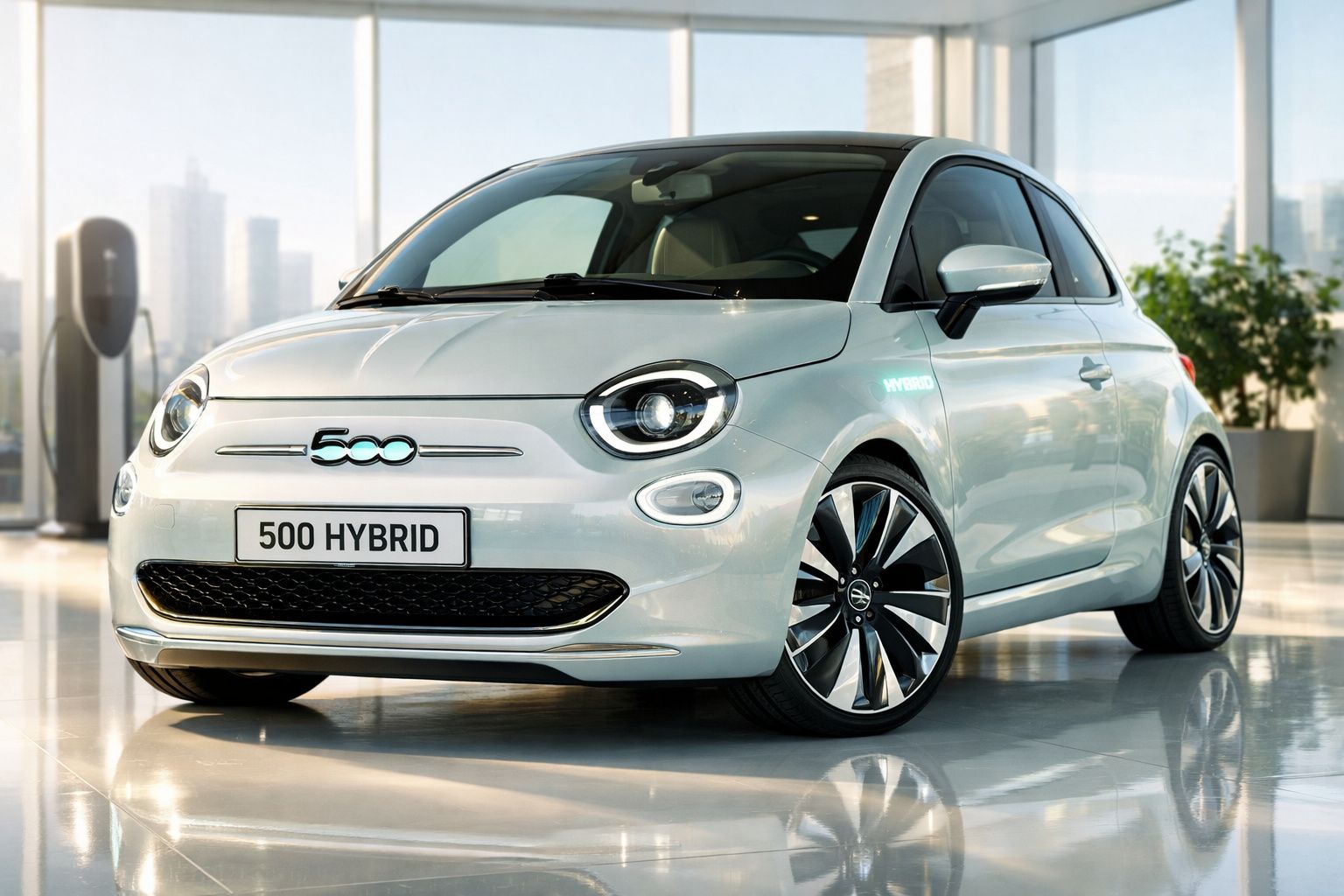 Carro elétrico compacto branco modelo 500 Hybrid estacionado em salão moderno com piso brilhante.
