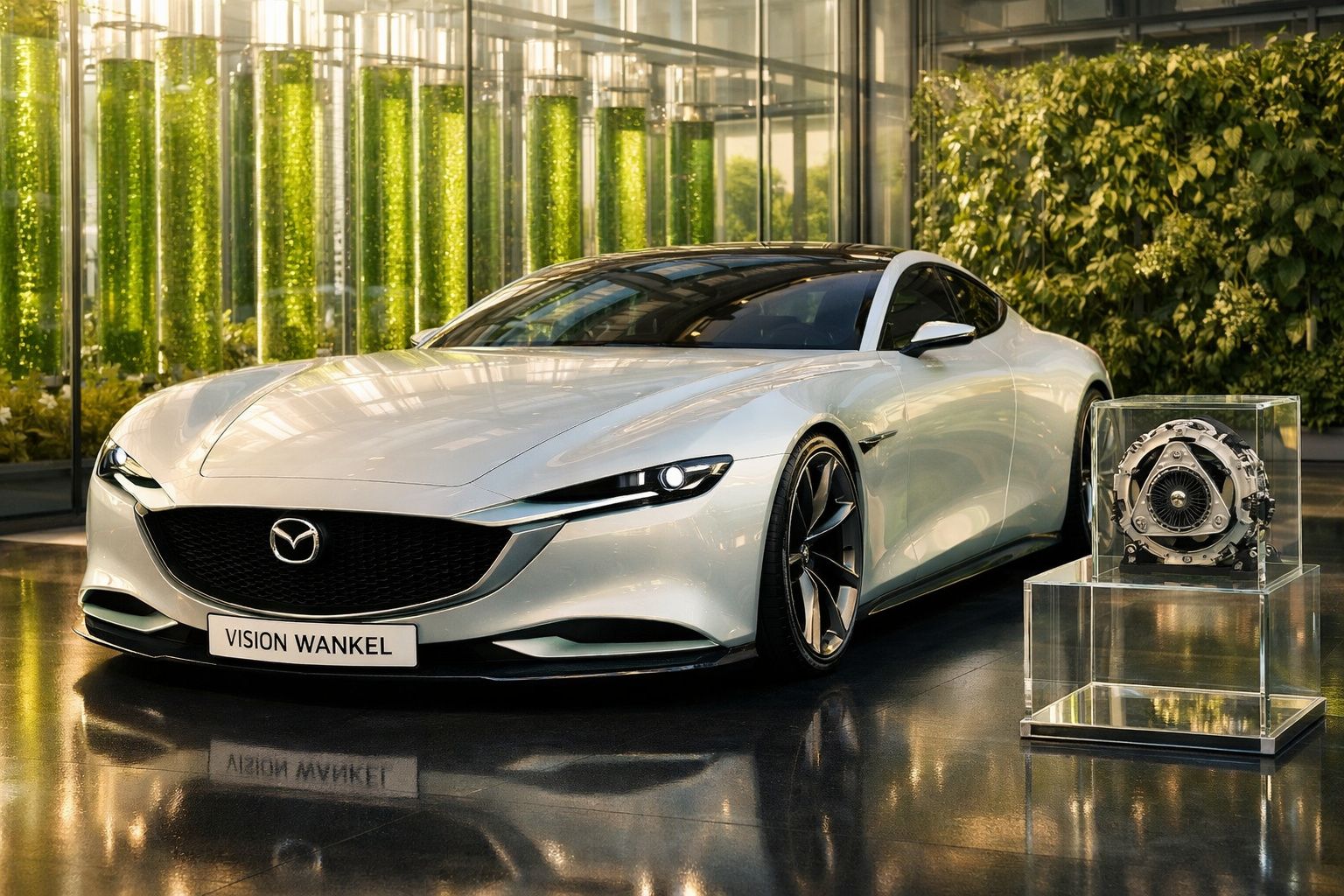 Carro desportivo cinza Mazda Vision Wankel em exposição junto a motor rotativo num cubo de vidro.
