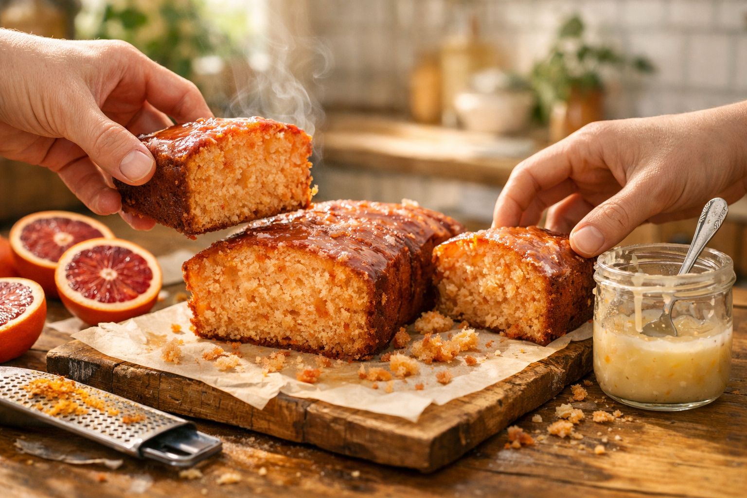 Bolo húmido de laranja sanguínea em tábua de madeira, com mãos a pegar fatias e jarra de mel à parte.