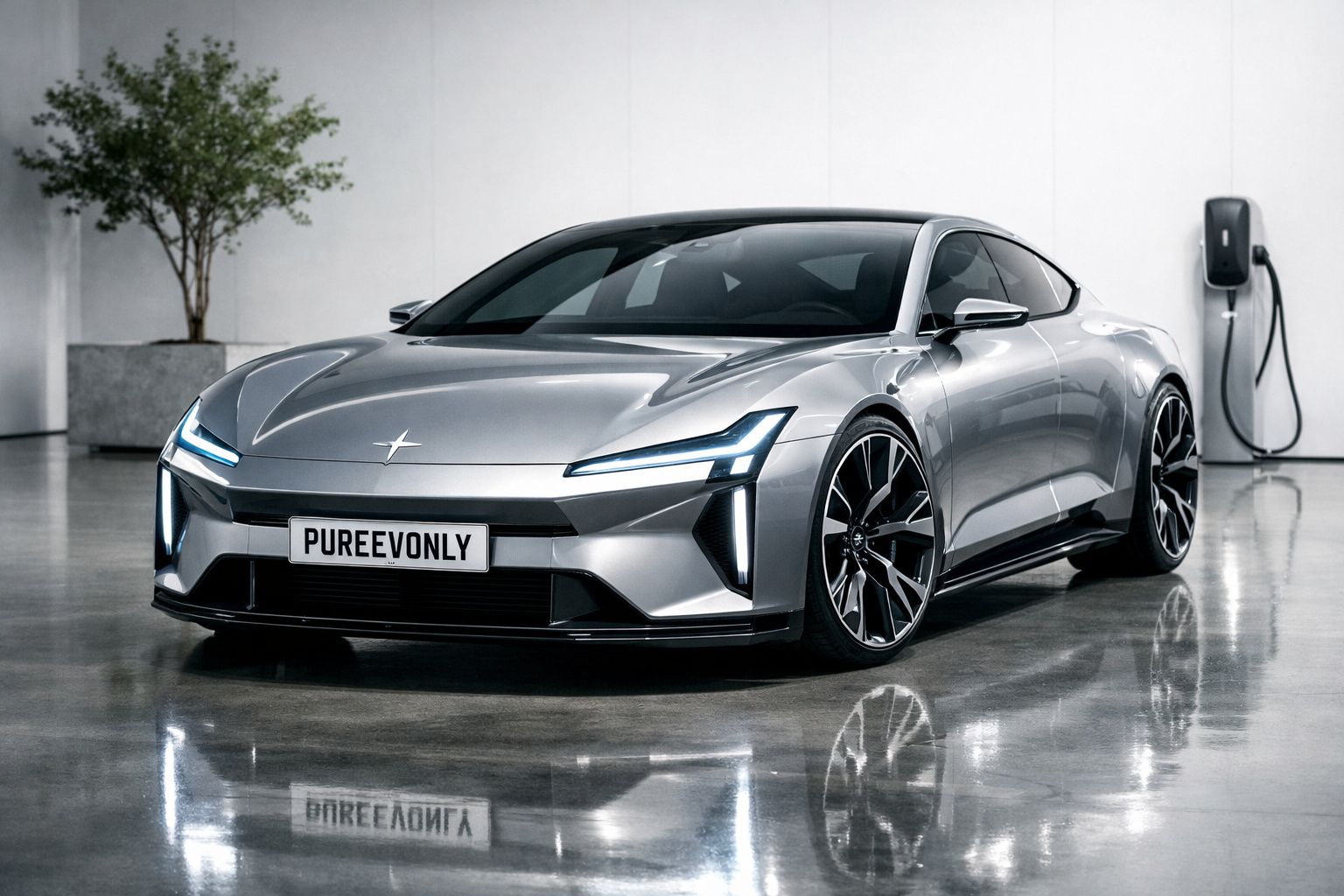 Carro elétrico moderno cinza estacionado em sala branca com carregador na parede e planta atrás.
