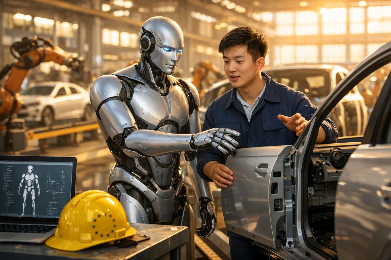 Homem e robô a inspecionar a porta de um carro numa oficina com equipamentos tecnológicos ao redor.