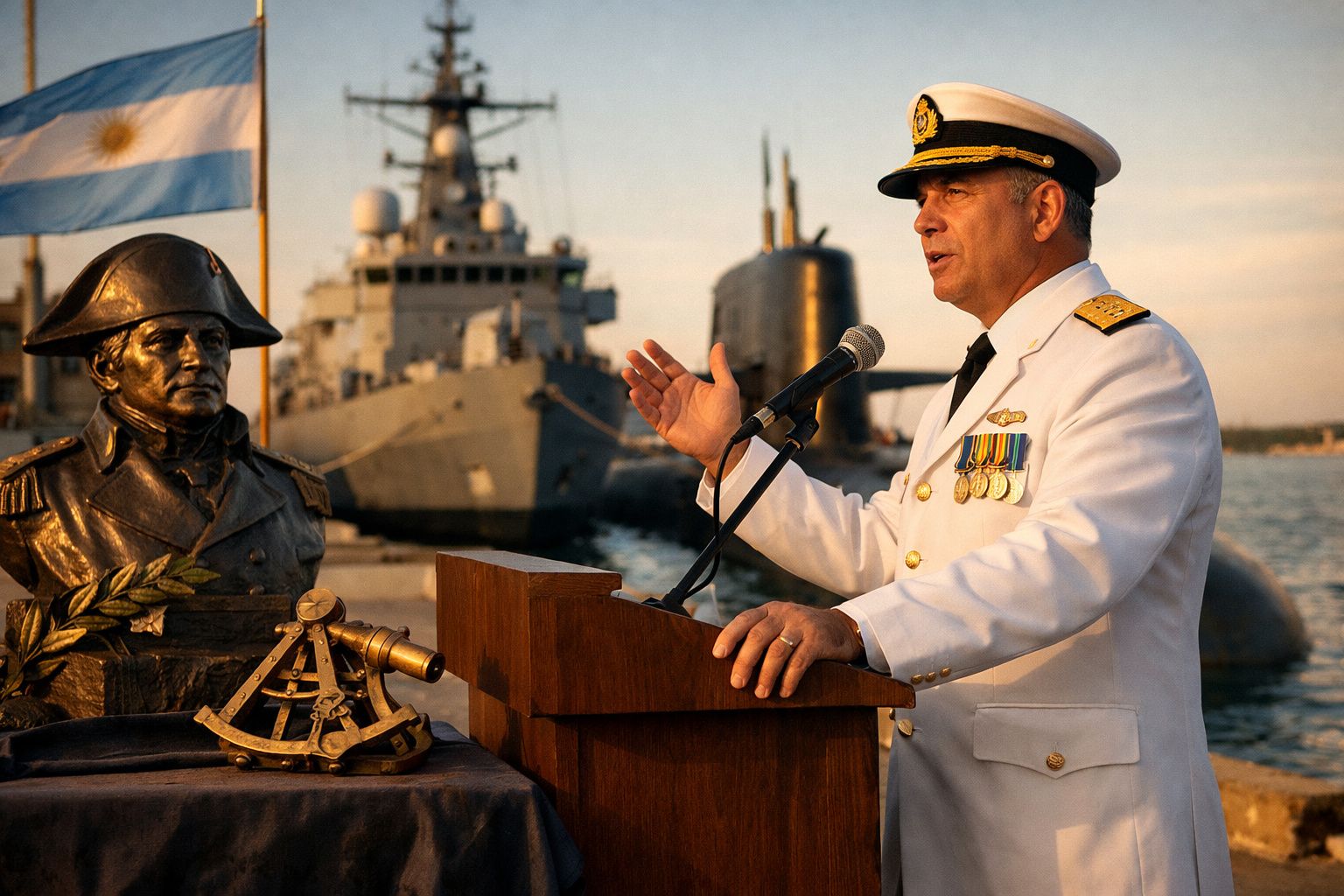 Oficial naval argentino em uniforme branco dá discurso junto a busto de bronze e navio militar ao fundo.